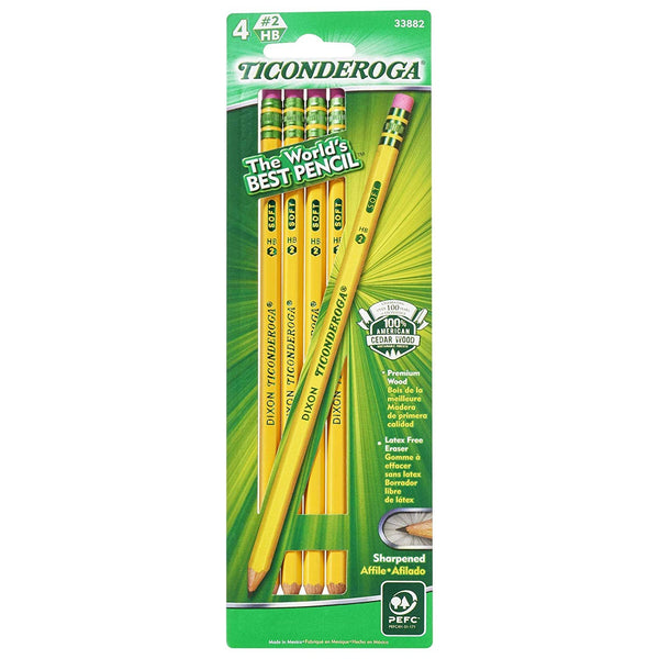 Dixon Ticonderoga Wood-Cased #2 HB Pencils, Pre-Sharpened, Set of 4, Yellow (33882)