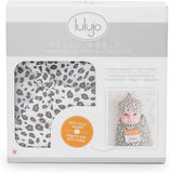 Lulujo Birth Announcement Hat & Swaddle Blanket Set| Unisex Softest Bamboo Muslin Baby Swaddle Blanket|Receiving Blanket | 47in x 47in| Bamboo Knot Hat | Hello! Birth Announcement Sticker Leopard