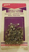 Allary #A0702 Safety Pins Econo Pack, 100 Pieces in Assorted Sizes Nickel - Plat