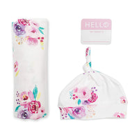 Lulujo Baby Hello World Newborn Hat and Swaddle Blanket Set, Posies