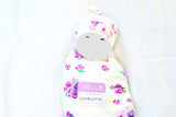 Lulujo Baby Hello World Newborn Hat and Swaddle Blanket Set, Posies