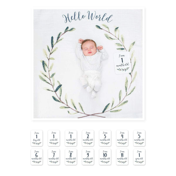 lulujo Baby’s First Year Milestone Blanket and Card Set | 47in x 47in Hello World!